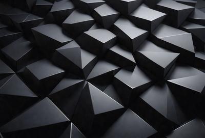 The primary subject of the image is a black and white pattern of triangular shapes. The setting is a dark background, which contrasts with the shapes, creating a visually striking pattern. The visual style is a combination of digital art and illustration, as the shapes are intricately arranged and the overall composition is well-executed. The colors and mood of the image are predominantly black and white, with a sense of depth and complexity in the arrangement of the triangles.