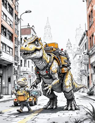 Primary subject: A large dinosaur with a backpack on its back, walking down a city street.

Setting/background: The dinosaur is walking down a city street, surrounded by buildings and other urban elements.

Visual style: The image is a black and white drawing, giving it a classic and timeless feel.

Colors and mood: The drawing is in black and white, which adds a sense of nostalgia and timelessness to the scene. The mood of the image is light