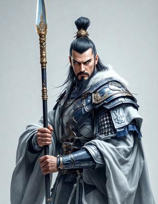 The primary subject of the image is a man dressed in a suit of armor, holding a staff. He appears to be a warrior or a character from a fantasy story. The setting is a white background, which provides a clean and uncluttered look to the image. The visual style is a digital art or illustration, which adds a sense of depth and detail to the scene. The colors and mood of the image are predominantly dark and dramatic, with the man's armor and the staff creating a