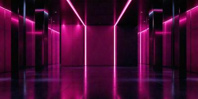 The primary subject of the image is a large, open room with a pink color scheme. The room is illuminated by a series of pink lights, creating a unique and visually striking atmosphere. The setting appears to be a modern, industrial space, possibly a lobby or a large room with a high ceiling. The visual style of the image is a combination of digital art and photography, resulting in a striking and memorable scene. The dominant colors in the image are pink, which creates a warm and inviting
