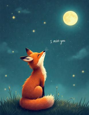 The primary subject of the image is a fox sitting in a grassy field at night. The setting is a dark, starry sky, and the visual style is a digital art illustration. The colors and mood of the image are predominantly dark and moody, with the fox being the main focal point.