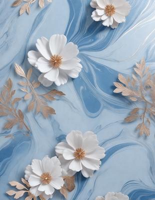 The primary subject of the image is a group of white flowers, which are arranged in a visually appealing manner. The flowers are placed on a blue surface, which adds a contrasting color to the scene. The visual style of the image is a combination of photo and digital art, creating a realistic yet artistic representation of the flowers. The colors and mood of the image are predominantly white and blue, giving it a calm and serene atmosphere.