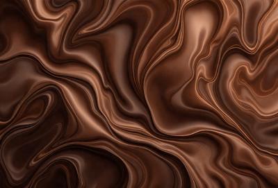 The primary subject of the image is a close-up of a chocolate-covered surface, possibly a chocolate bar or a chocolate-themed wallpaper. The setting is a dark room, which adds to the overall mood of the image. The visual style is a close-up, which emphasizes the details of the chocolate surface. The colors and mood of the image are predominantly dark and rich, with the chocolate serving as the main focus and evoking a sense of indul