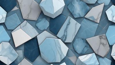 The primary subject of the image is a blue and white marble tile. The setting is a wall with a pattern of blue and white tiles. The visual style is a close-up of the tiles, showcasing their intricate design. The colors and mood of the image are predominantly blue and white, creating a clean and elegant atmosphere.