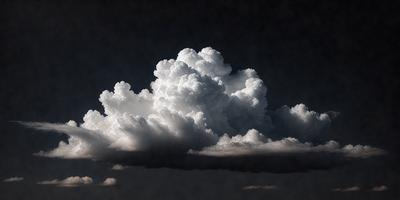 The primary subject of the image is a large, fluffy cloud with a dark background. The cloud is the main focus of the image, and it appears to be a natural, weather-related phenomenon. The setting is a night sky, which adds to the dramatic atmosphere of the scene. The visual style of the image is a black and white photo, which emphasizes the contrast between the cloud and the dark background. The colors and mood of the image are predominantly dark and moody, with the cloud serving as a