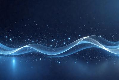 The primary subject of the image is a blue wave, which is the main object, scene, or focus of the image. The setting or background is a dark blue sky, and the visual style appears to be a digital art or illustration. The colors and mood of the image are predominantly blue, creating a calm and serene atmosphere.