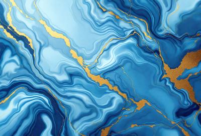 The primary subject of the image is a blue and gold marbled wallpaper. The setting is a room with a blue and gold marbled wallpapered wall. The visual style is a close-up of the wallpaper, showcasing its intricate design. The colors and mood of the image are predominantly blue and gold, creating a luxurious and elegant atmosphere.