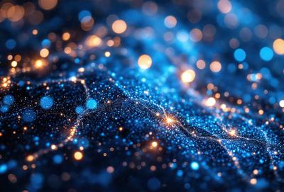The primary subject of the image is a blue background with a pattern of bright lights, creating a visually appealing and dynamic scene. The setting appears to be a night sky, with the bright lights resembling stars or a celestial pattern. The visual style of the image is a combination of photo and digital art, as it captures the beauty of the night sky while also showcasing the intricate pattern of the bright lights. The colors and mood of the image are predominantly blue, with the bright lights adding a