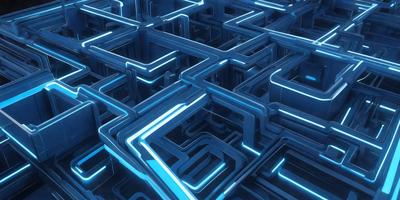 The primary subject of the image is a blue, geometric pattern with a maze-like structure. The setting is a blue background, which complements the vibrant colors of the pattern. The visual style is a digital art or illustration, showcasing the intricate design of the blue pattern. The colors and mood of the image are predominantly blue, creating a sense of depth and complexity in the pattern.