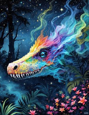Primary subject: A colorful, rainbow-colored dragon with a blue eye.

Setting/background: The dragon is in a forest, surrounded by trees and flowers.

Visual style: The image is a digital art or illustration, featuring a vibrant and imaginative design.

Colors and mood: The dragon is predominantly colored in rainbow hues, giving it a lively and cheerful appearance.