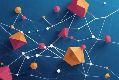 The primary subject of the image is a collection of geometric shapes, including triangles and cubes, arranged in a complex network. The shapes are connected by lines, creating a dense and intricate pattern. The setting is a blue background, which contrasts with the shapes and adds a sense of depth to the image. The visual style is a combination of digital art and illustration, with the shapes and lines appearing to be hand-drawn. The colors and mood of the image are predominantly blue and white, giving it a clean