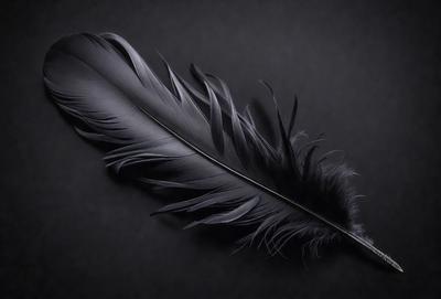 The primary subject of the image is a black feather, which is the main object, scene, or focus of the image. The setting or background is a black surface, which creates a dramatic and moody atmosphere. The visual style of the image is a close-up of the black feather, showcasing its details and texture. The colors and mood of the image are predominantly dark and intense, emphasizing the contrast between the black feather and the black background.