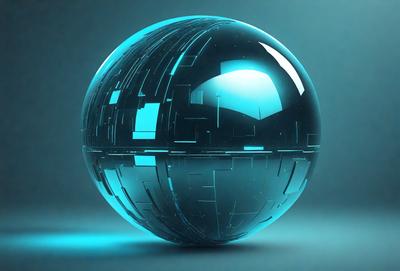 The primary subject of the image is a large, blue, glass-like sphere. The setting is a dark background, which contrasts with the bright blue color of the sphere. The visual style appears to be a combination of digital art and illustration, creating a unique and intriguing appearance. The colors and mood of the image are predominantly blue, giving it a calm and serene atmosphere.