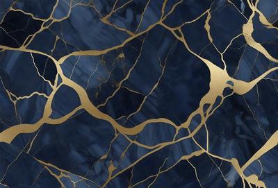 The primary subject of the image is a blue marble surface with gold accents. The setting is a dark room, and the visual style is a combination of photo and digital art. The dominant colors are blue and gold, creating a luxurious and elegant atmosphere.