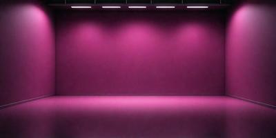 The primary subject of the image is a large, empty room with a purple wall. The setting is a dark room with a purple wall, and the visual style appears to be a photo. The dominant colors in the image are purple and pink, creating a moody and dramatic atmosphere.