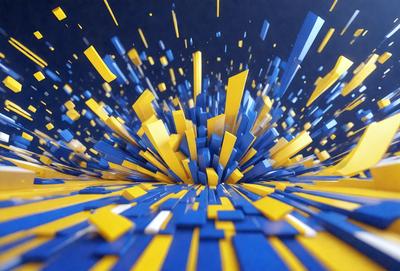 The primary subject of the image is a colorful, abstract artwork featuring a mix of yellow, blue, and orange colors. The setting is a blue background, which provides a contrasting and complementary backdrop to the artwork. The visual style of the image is a combination of digital art and illustration, creating a unique and vibrant appearance. The colors and mood of the artwork are lively and energetic, with the yellow, blue, and orange hues creating a sense of movement and dynamism.