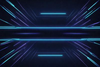 The primary subject of the image is a blue and purple neon light, which is the main focus of the scene. The setting is a dark room, and the visual style appears to be a digital art or illustration. The dominant colors in the image are blue and purple, creating a vibrant and energetic atmosphere.