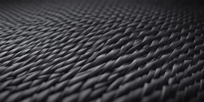 The primary subject of the image is a close-up of a black, woven fabric. The setting is a black background, which creates a striking contrast with the fabric. The visual style is a detailed, textured representation of the fabric, showcasing its intricate weave pattern. The colors and mood of the image are predominantly dark and moody, with the black fabric serving as the focal point.
