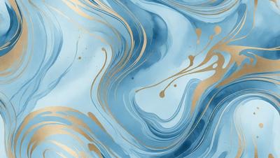 The primary subject of the image is a blue and gold painting, featuring a swirling design with gold accents. The setting is a blue background, which complements the painting's colors. The visual style is a painting, showcasing the artist's skill in creating a dynamic and visually appealing piece. The dominant colors are blue and gold, creating a sense of depth and richness in the artwork.
