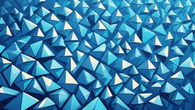 The primary subject of the image is a large number of blue triangles, which are arranged in a pattern. The setting is a blue background, and the visual style appears to be a digital art or illustration. The dominant colors are blue and white, creating a calm and serene atmosphere.