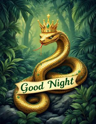 The primary subject of the image is a snake with a crown on its head, which is depicted in a digital art style. The snake is surrounded by a lush green forest, creating a serene and natural setting. The visual style of the image is a combination of realistic elements and a touch of fantasy, as the snake is wearing a crown. The colors and mood of the image are predominantly green, which adds to the overall atmosphere of the scene.