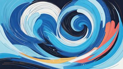 The primary subject of the image is a large, blue wave with a swirling pattern. The wave is the main focus of the image, and it is set against a black background. The visual style of the image is a combination of digital art and illustration, creating a dynamic and vibrant scene. The dominant colors in the image are blue and black, giving the scene a powerful and dramatic atmosphere.