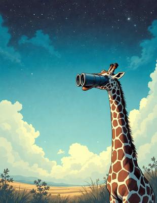 The primary subject of the image is a giraffe, which is the main focus of the scene. The giraffe is standing in a field with a blue sky in the background. The visual style of the image is a combination of digital art and illustration, creating a unique and eye-catching scene. The colors in the image are predominantly blue and white, giving the image a calm and serene atmosphere.
