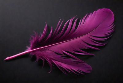The primary subject of the image is a purple feather, which is the main object, scene, or focus of the image. The setting or background is a black surface, which provides a contrasting backdrop for the feather. The visual style of the image is a close-up of the purple feather, showcasing its details and texture. The colors and mood of the image are predominantly purple, giving it a calm and serene atmosphere.