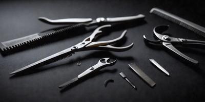 The primary subject of the image is a collection of various scissors and hair cutting tools. The setting is a black surface, possibly a table or countertop. The visual style is a close-up of the scissors and tools, showcasing their details. The colors and mood of the image are dark and focused, emphasizing the tools and their purpose.