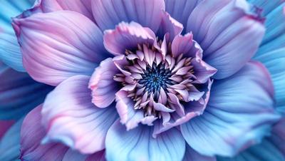 The primary subject of the image is a large, beautiful purple flower with a pink center. The flower is the focal point of the scene, and it is set against a blue background. The visual style of the image is a close-up, which emphasizes the intricate details of the flower. The dominant colors in the image are purple and blue, creating a serene and calming atmosphere.