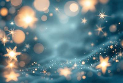 The primary subject of the image is a blue sky filled with bright, shining stars. The setting is a cloudy night sky, creating a serene and peaceful atmosphere. The visual style is a combination of a photo and digital art, as the image captures the beauty of the night sky with the stars. The colors and mood are predominantly blue and calm, reflecting the tranquility of the night.