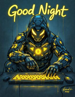 The primary subject of the image is a man wearing a futuristic suit and hood, sitting in front of a computer keyboard. The setting is a dark room, and the visual style is a digital art or illustration. The man appears to be working on the computer, possibly typing or using the keyboard. The colors in the image are predominantly blue, and the overall atmosphere is mysterious and intriguing.