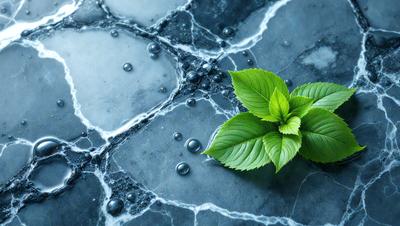 The primary subject of the image is a green leaf, which is placed on a black marble surface. The setting is a stone wall, and the visual style appears to be a photo. The colors in the image are predominantly black and green, creating a moody atmosphere.