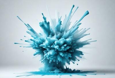 The primary subject of the image is a blue and white artistic splash, which appears to be a painting or a digital artwork. The setting is a white background, which provides a clean and uncluttered environment for the artwork. The visual style is a mix of digital art and painting, creating a unique and eye-catching piece. The dominant colors are blue and white, which evoke a sense of calmness and tranquility. Overall, the image presents a creative and visually appealing artwork that