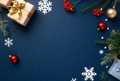 The primary subject of the image is a blue background with white snowflakes and red berries. The setting is a holiday scene, possibly a Christmas card, with a festive atmosphere. The visual style is a combination of digital art and illustration, creating a unique and creative design. The colors and mood are predominantly blue, white, and red, with a sense of warmth and celebration.