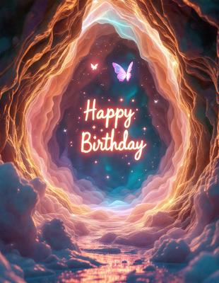 Happy Birthday: [The main object, scene, or focus of the image is a birthday message, possibly in a digital art or illustration style, with a pink and blue color scheme.]

Setting/background: [The environment, backdrop, or surface visible in the image is a tunnel or a cave, with a starry night sky.]

Visual style: [The image is a digital art or illustration, featuring a birthday message and a unique visual style.]

Colors and mood: