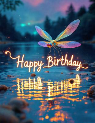 The primary subject of the image is a dragonfly, which is hovering over a body of water. The setting is a serene lake, and the visual style is a digital art or illustration. The dragonfly is the main focus of the image, and its colors and mood are vibrant and lively.