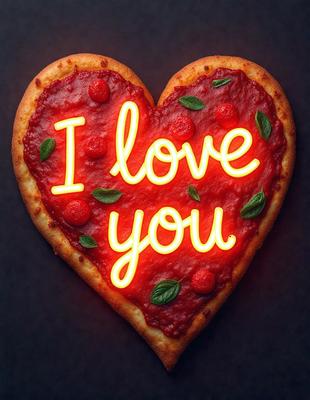 The primary subject of the image is a heart-shaped pizza with red sauce and green herbs on top. The heart is made of pizza, and the words "I love you" are written in neon lights on the heart. The setting is a dark background, and the visual style is a combination of a photo and digital art. The colors are predominantly red and green, creating a warm and affectionate atmosphere.