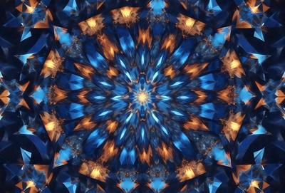 The primary subject of the image is a blue and orange geometric pattern, which appears to be a digital art or illustration. The setting is a blue and orange background, creating a vibrant and lively atmosphere. The visual style is a mix of digital art and illustration, with the blue and orange colors dominating the scene.