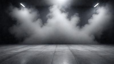 The primary subject of the image is a large, dark room with a white floor. The room is filled with smoke, creating a dramatic and mysterious atmosphere. The setting appears to be a studio or a similar indoor space. The visual style of the image is a combination of photo and digital art, as it captures the smoke and the room's interior in a unique and artistic manner. The colors and mood of the image are predominantly dark and moody, with the smoke and the room's interior creating a