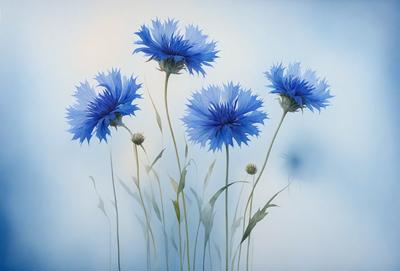 The primary subject of the image is a group of three blue flowers with long stems, standing in a field of grass. The setting is a field with a blue sky in the background. The visual style is a painting, which gives the flowers a vibrant and lively appearance. The colors and mood of the image are predominantly blue, creating a serene and peaceful atmosphere.