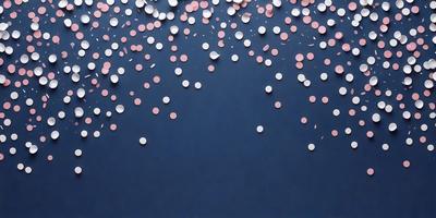 The primary subject of the image is a close-up of a blue surface with a pattern of pink and white confetti. The setting is a dark blue background, and the visual style appears to be a photo. The colors and mood of the image are predominantly dark and moody, with the pink and white confetti adding a touch of brightness and contrast.
