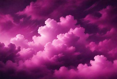 The primary subject of the image is a cloudy purple sky. The setting is a cloudy sky with pink clouds, creating a visually striking and unique atmosphere. The visual style of the image is a combination of photo and digital art, as it appears to be a photo of a painting or a digital illustration. The colors and mood of the image are predominantly purple and pink, giving it a dreamy and surreal quality.