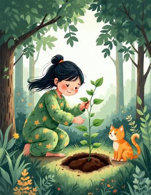 The primary subject of the image is a young girl planting a tree. She is kneeling down and holding a small tree in her hands. The setting is a forest, with trees and plants surrounding the girl. The visual style is an illustration, depicting a whimsical and imaginative scene. The colors are vibrant and lively, creating a cheerful and positive atmosphere.