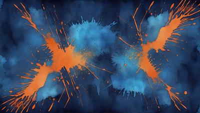 The primary subject of the image is a painting featuring a blue and orange color scheme. The setting is a dark background, which contrasts with the vibrant colors of the painting. The visual style appears to be a mix of digital art and illustration, creating a unique and artistic representation. The dominant colors are blue and orange, which evoke a sense of energy and creativity.