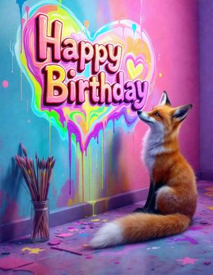 The primary subject of the image is a fox sitting on a colorful background. The setting is a room with a colorful wall, and the visual style is a digital art or illustration. The colors and mood of the image are vibrant and lively, with the fox being the main focus of the scene.