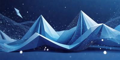 The primary subject of the image is a blue paper cutout of a mountain. The setting is a dark blue background, which contrasts with the bright blue paper. The visual style is a combination of digital art and illustration, creating a unique and eye-catching design. The colors and mood of the image are predominantly blue, giving it a calm and serene atmosphere.