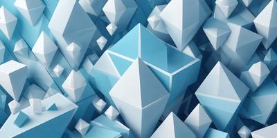 The primary subject of the image is a blue and white geometric shape, which appears to be a cube or a diamond. The setting is a blue background, and the visual style is digital art. The dominant colors are blue and white, creating a clean and modern atmosphere.