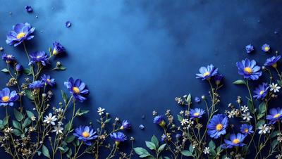 The primary subject of the image is a bouquet of purple flowers. The flowers are arranged in a visually appealing manner, with some of them placed on a blue surface. The setting appears to be a studio or a controlled environment, as the flowers are not in a natural outdoor setting. The visual style of the image is a combination of photo and digital art, creating a vibrant and artistic representation of the flowers. The dominant colors in the image are purple and blue, giving the scene a calm and serene atmosphere