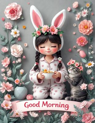 The primary subject of the image is a girl wearing a bunny costume, sitting on a chair and holding a bowl. The setting is a flower-filled garden, with a variety of flowers surrounding the girl. The visual style is a digital art illustration, featuring a cute and whimsical scene. The colors and mood are bright and cheerful, with the girl and the flowers creating a warm and inviting atmosphere.